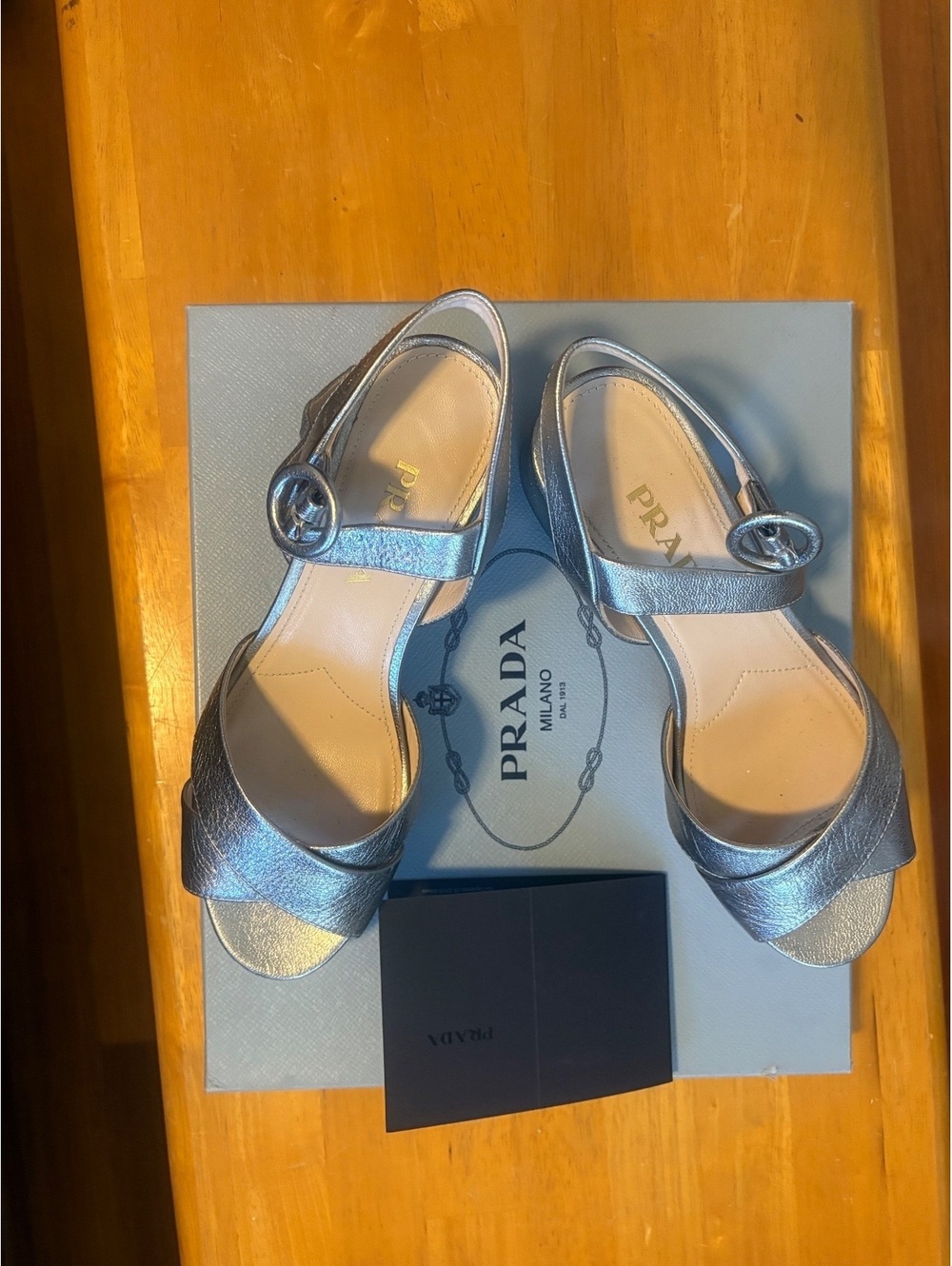 Prada Silver Leather Platform Block Heel Sandals Size 35.5